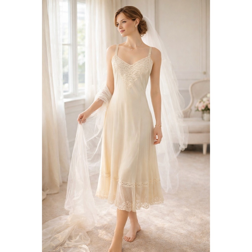 VTG  Rodgers Ivory Nylon‎ Slip Dress 34 Lace Trim Pleated Hem Bridal Fairycore